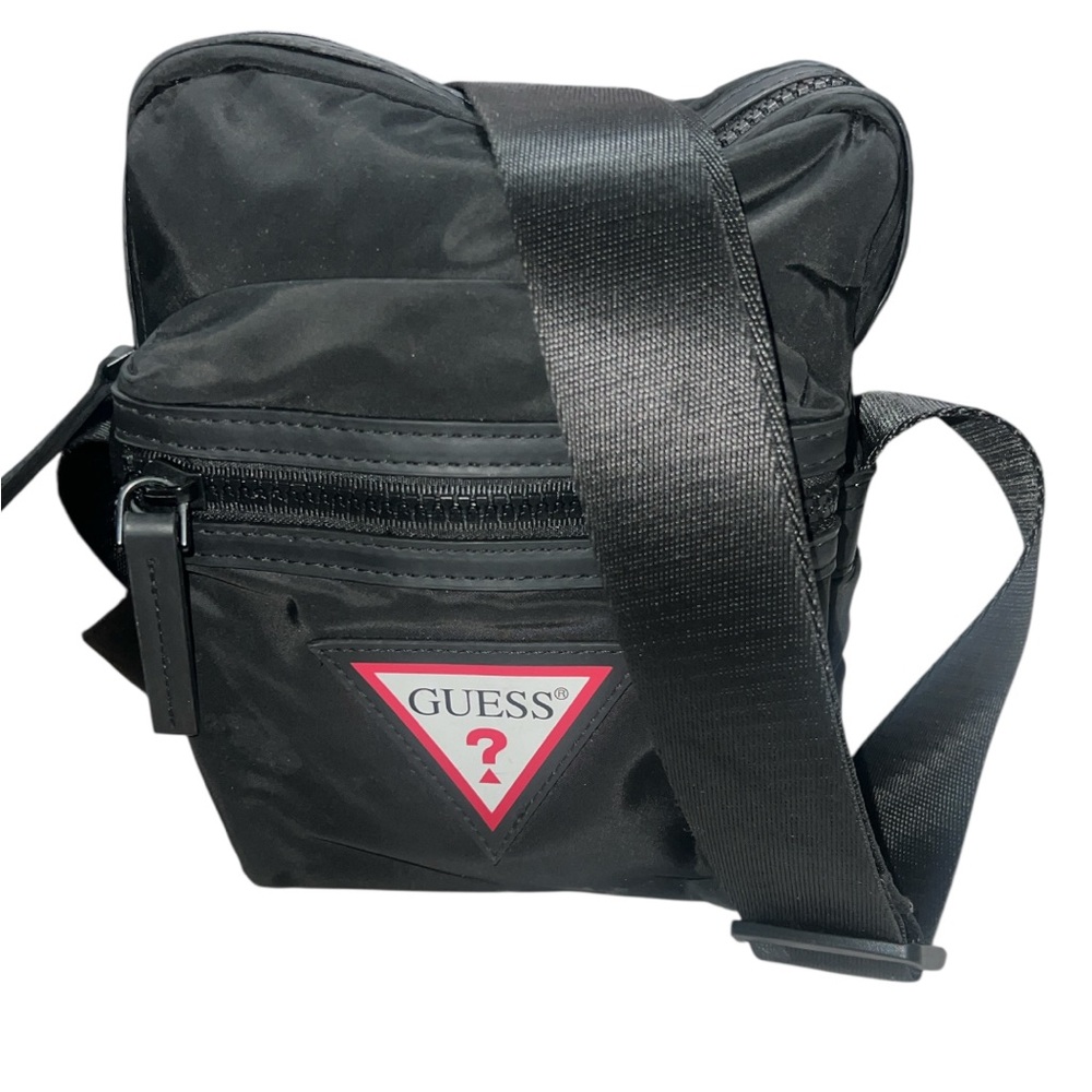 “GUESS” All Black Messenger Bag with Logo standing out in Red